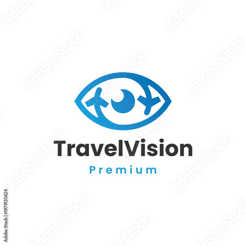 Eye shaped travel logo with airplane concept