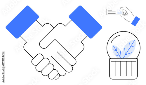 Collaboration, environmental awareness, identity verification, sustainability, agreements, partnerships. handshake, ID card and plant in glass dome. Collaboration and sustainability concept