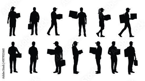 A collection of silhouetted people walking primarily carrying boxes and briefcases suggesting movement and delivery high quality professional detailed modern elegant