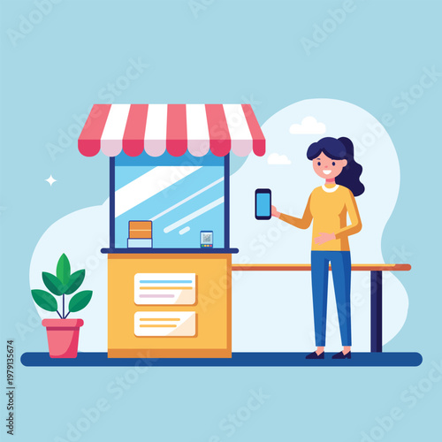 A Young Woman Making Contactless Payment with Smartphone at a Kiosk