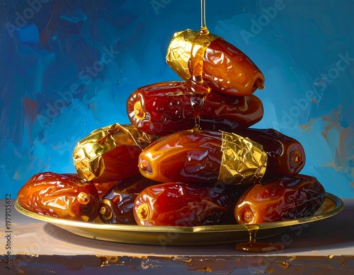 A pyramid of dates on a gold plate with syrup dripping over them