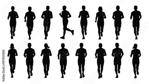 A collection of black silhouettes depicts a diverse group of people actively running or jogging forward suggesting movement high quality professional