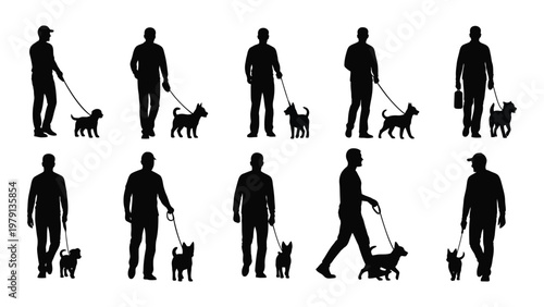 A collection of black silhouettes depicts men walking their small dogs on leashes in various poses and arrangements high quality professional