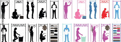 People silhouettes organizing clothes in a wardrobe. Vector icon set for concepts of decluttering, home chores, laundry, and fashion. Includes figures hanging and folding apparel