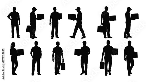 A collection of black silhouette figures depicts delivery people and individuals carrying boxes and bags showcasing movement high quality professional detailed