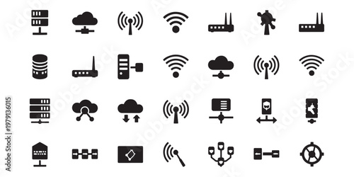 Technology icons, wireless symbols, communication signs, network marks, 30 black vector graphics