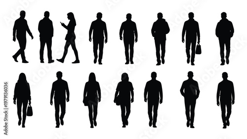 A collection of black silhouettes depicting diverse people walking standing and engaging in everyday activities high quality professional detailed modern elegant