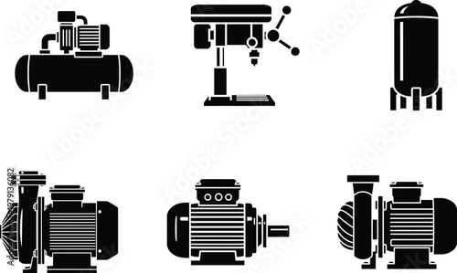 Industrial machines and equipment icons including pumps and a drill press