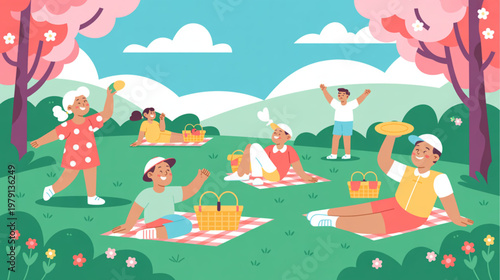 Vector illustration of people having picnic, outdoor leisure, summer fun, colorful cartoon scene