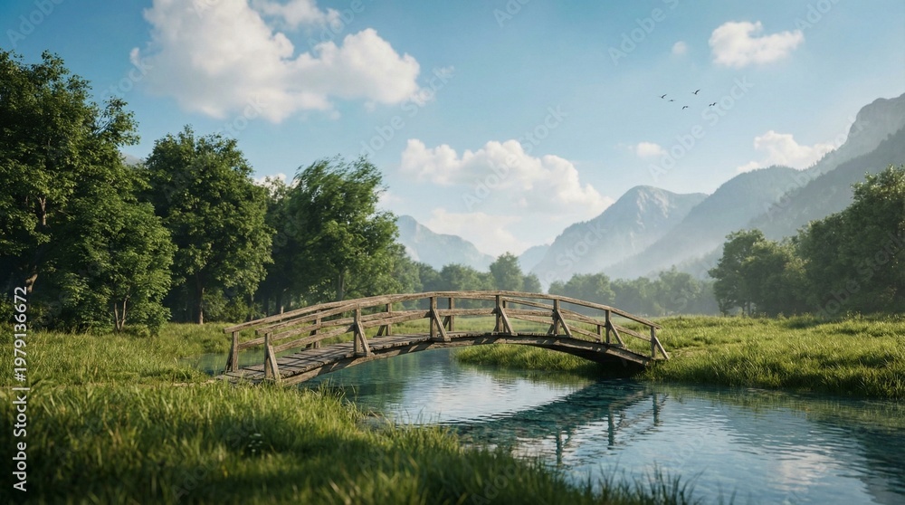 Fototapeta premium Picturesque wooden bridge arching gracefully over a serene river, surrounded by lush green meadows and majestic mountains under a clear blue sky