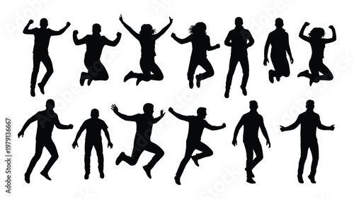 A collection of silhouetted figures depicts people joyfully jumping dancing and moving with energy and enthusiasm high quality professional detailed modern