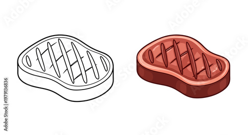 Grilled Steak Icon: Line Art and Full Color Versions on White Background