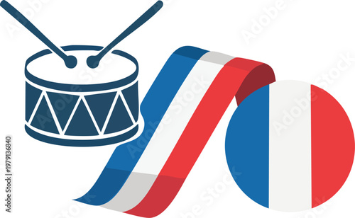 French patriotic drum with ribbon and national flag colors isolated on white background