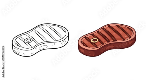 Grilled Steak Outline and Colored Version - Vector Illustration