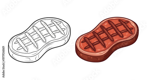 Grilled Steak Outline and Colored Version, Food Illustration