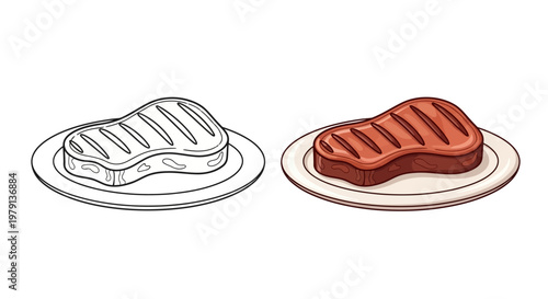 Grilled T-bone steak on a plate, line art and colored version