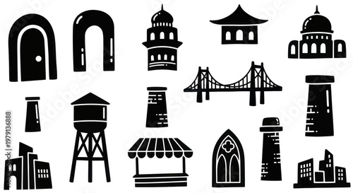Collection of Architectural Silhouettes and Building Elements.