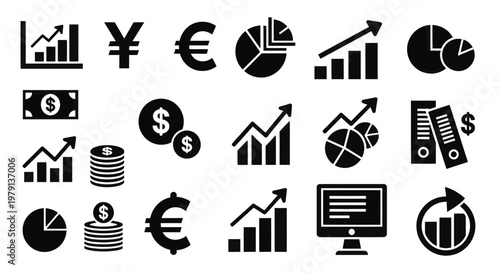 Collection of Business and Finance Icons Representing Growth and Data.