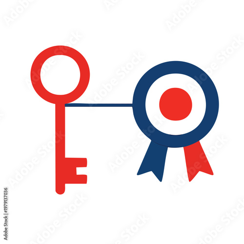 Red key connected to French tricolor cockade ribbon isolated on white background