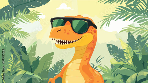 Cute cartoon girl holding a banana in a jungle with playful reptile and dinosaur animals illustration