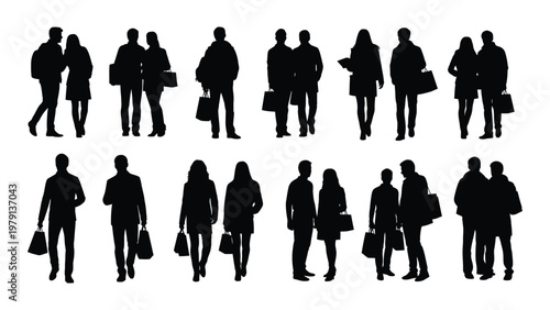 A collection of diverse silhouetted figures primarily couples depicted walking and shopping with various bags high quality professional detailed modern elegant