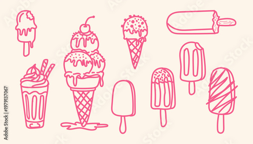 Set of hand drawn ice cream icons, vector illustration of various frozen desserts, including popsicles, ice cream cones, and a sundae in a glass