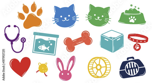 Collection of Cute Pet Care Icons and Symbols.