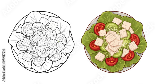 Healthy Salad with Chicken and Vegetables, Top View, Line Art and Color Version