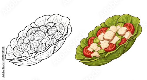 Healthy Salad with Lettuce, Tomatoes, and Tofu Cubes - Line Art and Color Illustration