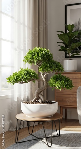 Bonsai tree on a table indoors.