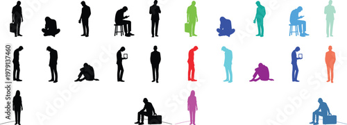 Vector icon set of sad, depressed, and stressed people silhouettes. Figures showing despair, failure, and burnout. Concept for mental health crisis, unemployment and loneliness