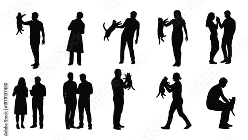A collection of black silhouette figures depicting people interacting with cats and each other in various poses high quality professional detailed
