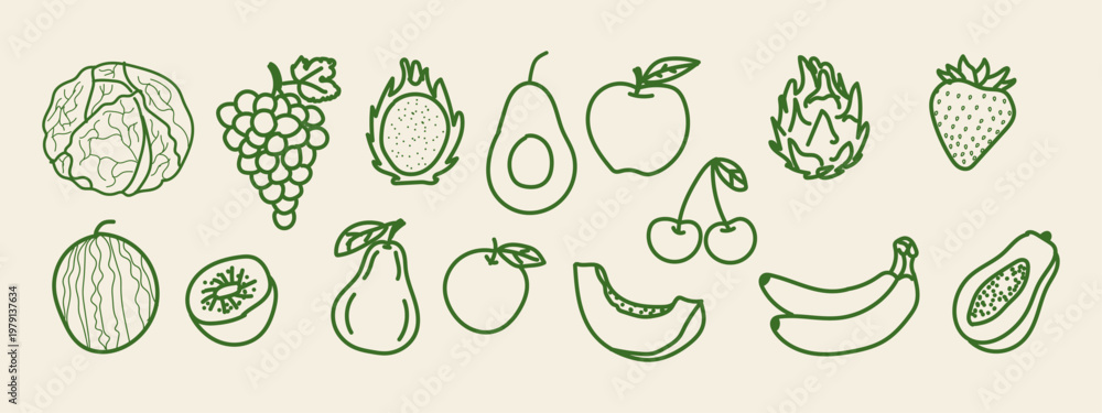 Fototapeta premium Set of hand drawn fruits and vegetables, doodle style food illustrations, healthy organic produce, vegan diet elements, vector collection
