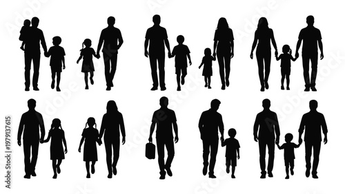 A collection of black silhouettes depicts various families walking together showcasing diverse group dynamics and connections high quality professional detailed modern