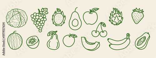 Set of hand drawn fruits and vegetables, doodle style food illustrations, healthy organic produce, vegan diet elements, vector collection