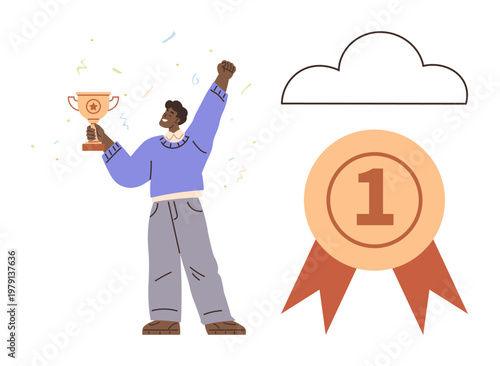 Achievement, motivation, celebration, recognition, competition, success. Person holding a trophy with raised arm next to a first place badge and cloud. Achievement and motivation concept
