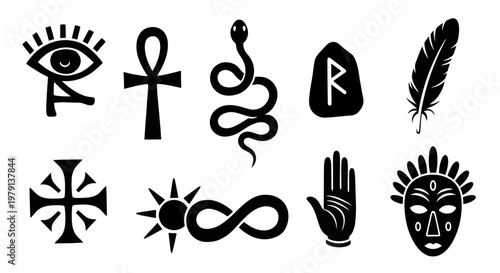 Collection of Mystical Symbols and Icons Representing Spirituality and Esotericism.