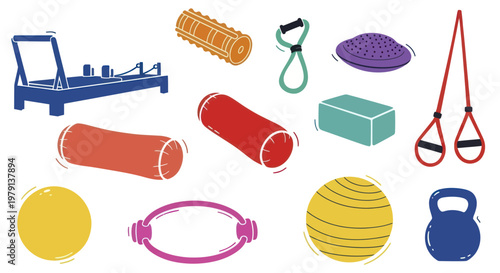 Collection of Pilates and Fitness Equipment for Exercise and Training.