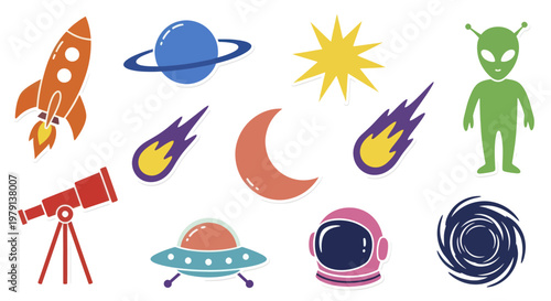 Collection of Space Themed Illustrations and Icons for Cosmic Adventures.