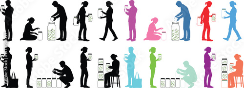 Silhouette icon set of people with jars. Figures saving money, donating to charity, and managing homemade products. For finance, small business and local market concepts
