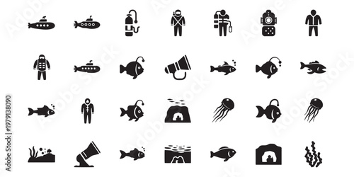 Diving, scuba, icons set, 25 black vector graphics, ocean, underwater, exploration, diver, fish, equipment