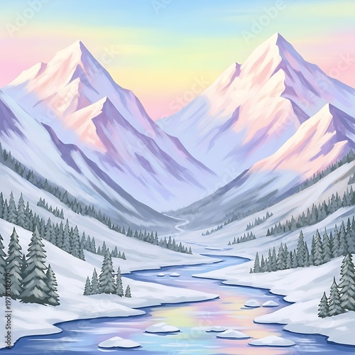 Snowy mountain landscape with frozen river.