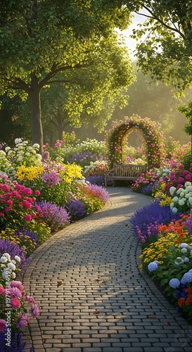 beautiful garden path with colorful flowers.