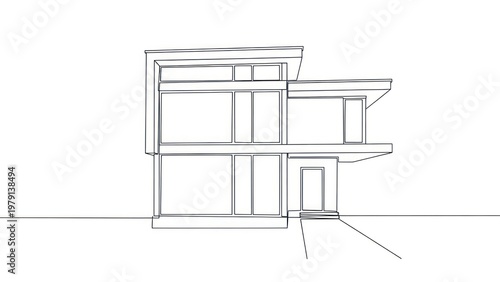 A two-story house with a flat roof and minimalist design featuring large windows and a small entrance