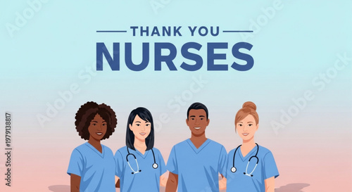 Group of diverse nurses standing together for a thank you message