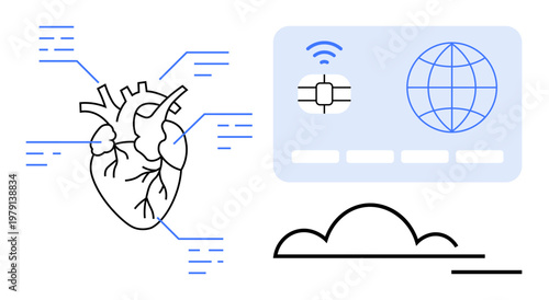 Biometric authentication, digital healthcare, cloud storage, data security, global connectivity, identity verification. Anatomical heart, chip card and cloud icons. Biometric authentication