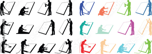 Vector silhouettes of workers installing and cleaning large panels. Icon set for concepts like solar panel installation, window fitting or screen maintenance. Labor and construction theme