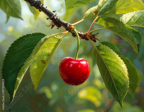 A ripe cherry hanging from a tree branch surrounded by green leaves