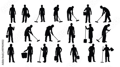 A collection of black silhouette figures depicting various cleaning tasks such as sweeping mopping and carrying buckets high quality professional detailed