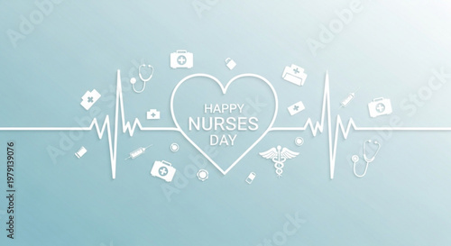 Happy Nurses Day background with medical icons and heartbeat line